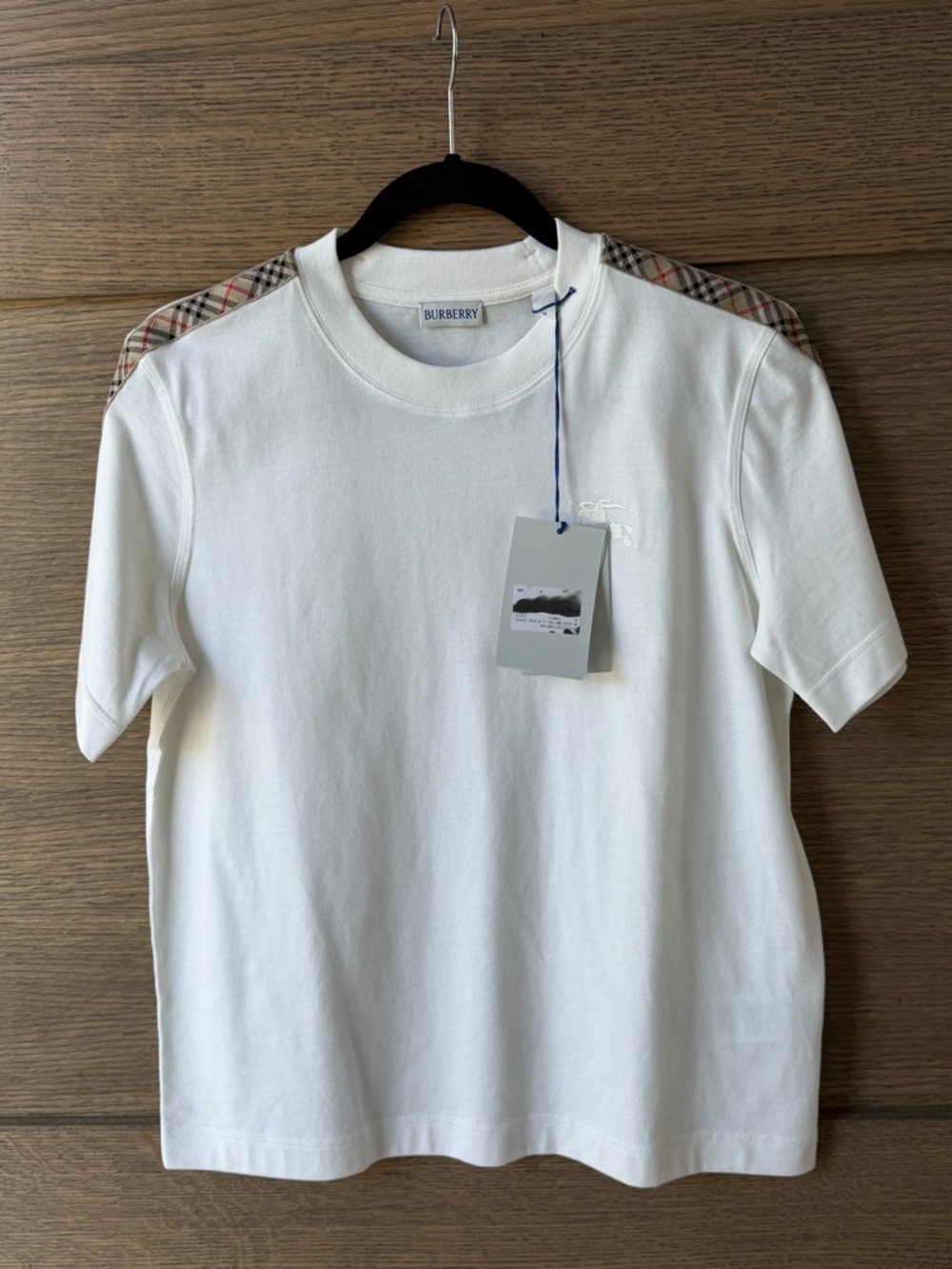 Burberry White Short-Sleeve Tee with Signature Check Shoulder Panels